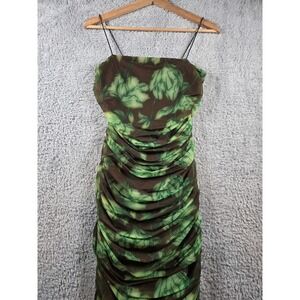 Future‎ Collective Brown Green Floral Ruched Spaghetti  Bodycon Midi Dress Women